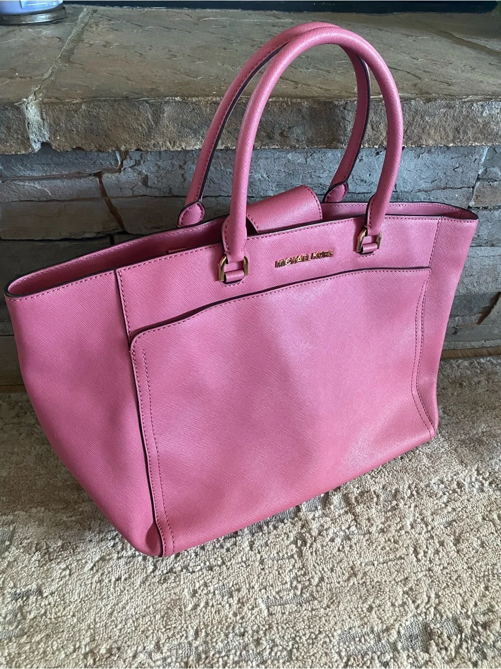 Michael Kors EMMY Large DOUBLE HANDLE TOTE Leather Handbag Purse Tulip Pink - Picture 2 of 15